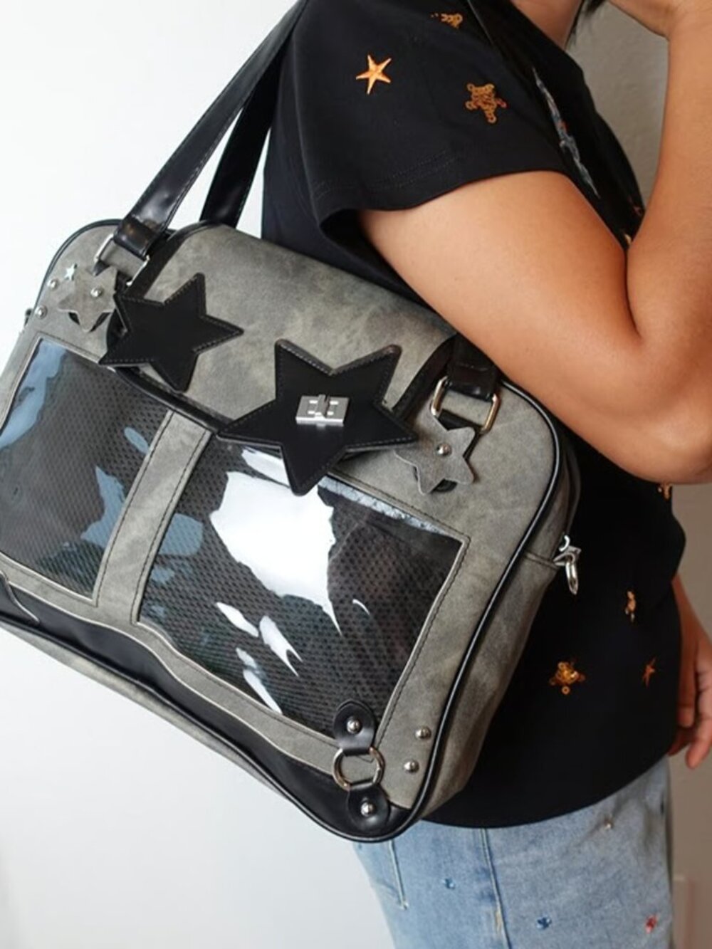 BLACK Large Y2K Ita Bag Crossbody, Vegan Leather Pin Display Shoulder Itabag